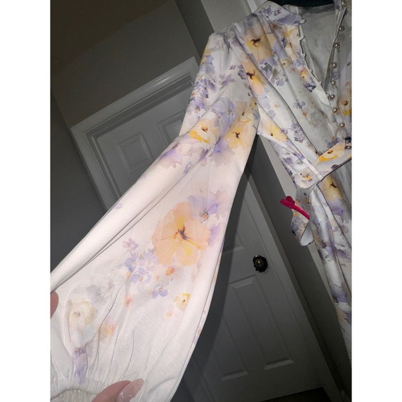 Floral Mini Dress Bishop Sleeve Pearl Button Belted Party Cocktail Dress - Picture 6 of 9